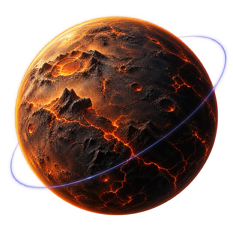 A volcanic world with charcoal terrain, copper ridges and warm orange lava fissures, imagined for the BONK community.